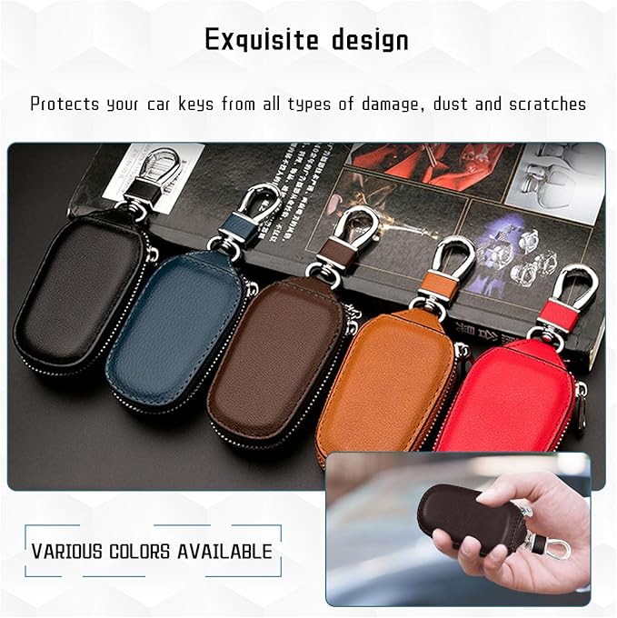 Car Key Case, Genuine Leather Auto Key Fob Cover Case, Key Fob Protector with Metal Hook, Car Smart Keychain Holder (Coffee)