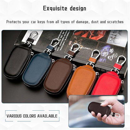 Car Key Case, Genuine Leather Auto Key Fob Cover Case, Key Fob Protector with Metal Hook, Car Smart Keychain Holder (Coffee)