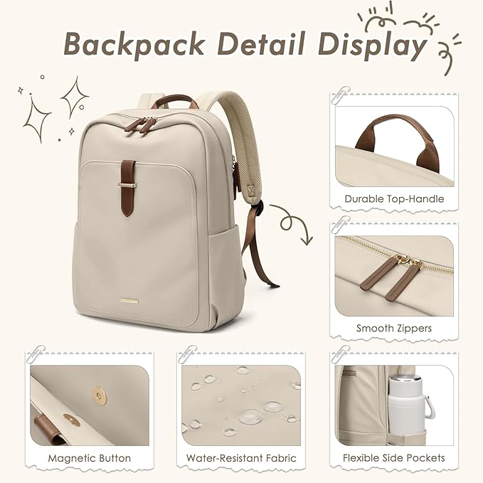 Laptop Backpack for Women,Casual Work Business Backpacks Purse Carry on Travel Backpack,14 Inch,Apricot