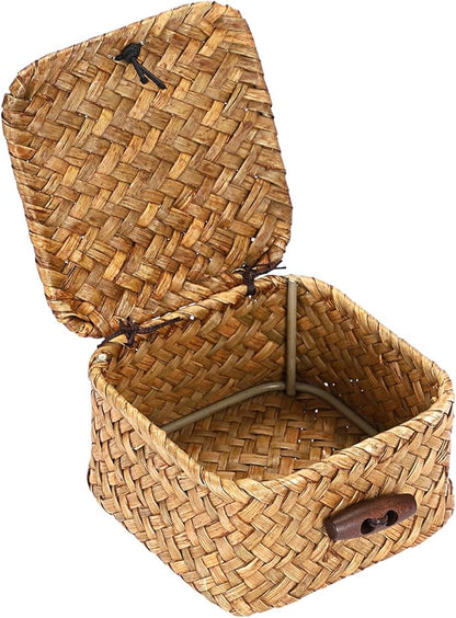 Hipiwe Handwoven Wicker Basket with Lid Desk Organizer for Remote Control Key Glass Coffee Color Seagrass Box for Decoration, Caramel Color 3.5" x 3.5" x 2"