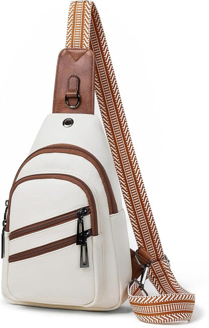 Leresas 7L Crossboydy Sling Bag for Women Vegan Leather Crossbody Purse Fanny Pack Chest Bag for Travel, Beige