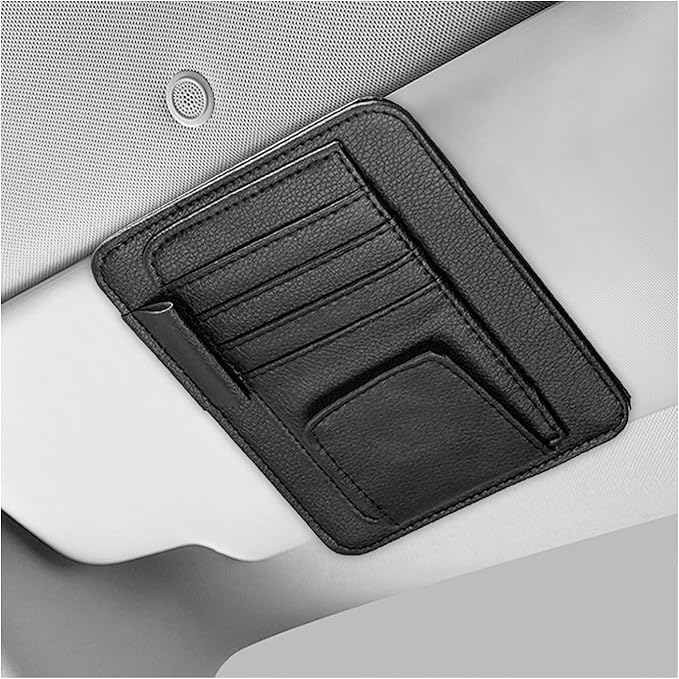 Small Leather Car Sun Visor Organizer, Auto Visor Pouch Card Sleeve Pocket with Sunglasses Clip, Multifunctional Sunvisor Wallet Holder for Driving License Pen Tickets (Black)
