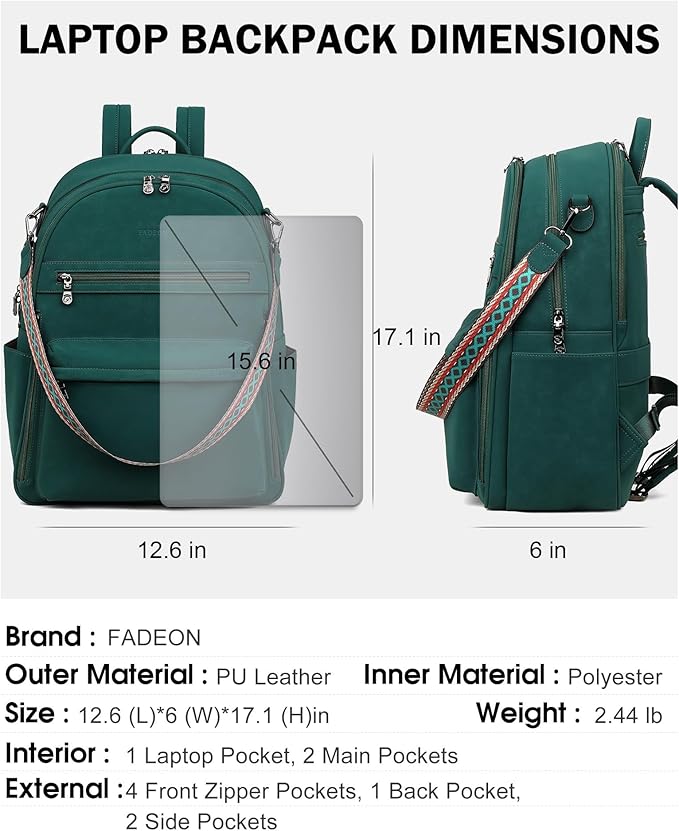 FADEON 15.6 inch Laptop Backpack Purse for Women Designer PU Leather Computer Backpacks Fashion for Work Travel Green