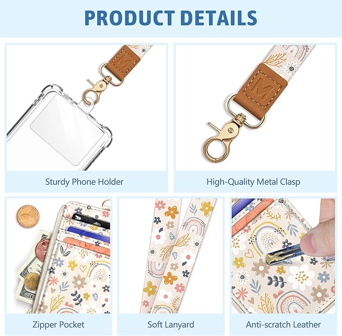 Cute Rainbow Flowers Lanyard Wallet with ID Badge Holder, Small RFID Wallets Women Keychain Wristlet, Slim Credit Card Holder with Zipper Pocket Phone Lanyard Wrist Strap Name Tag Office Teacher Gifts