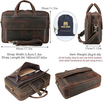 Masa Kawa Leather Briefcase for Men 15.6", 17" Laptop Computer Case Business Travel Work Messenger Cross Body Shoulder Bag