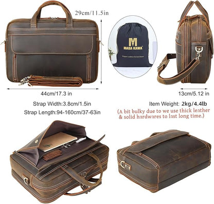 Masa Kawa Leather Briefcase for Men 15.6", 17" Laptop Computer Case Business Travel Work Messenger Cross Body Shoulder Bag