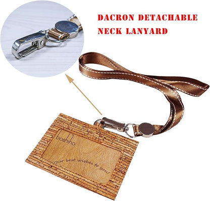 Badge Holder, Boshiho Eco-Friendly Cork ID Name Credit Card Case with Neck Lanyard Strap, Horizontal Style (Line)