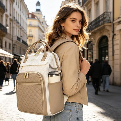 EMPSIGN 17 Inch Laptop Backpack for Women, Work Business Travel Computer College Bags, Large Capacity Water-repellent Quilted Casual Daypack, Beige-Khaki