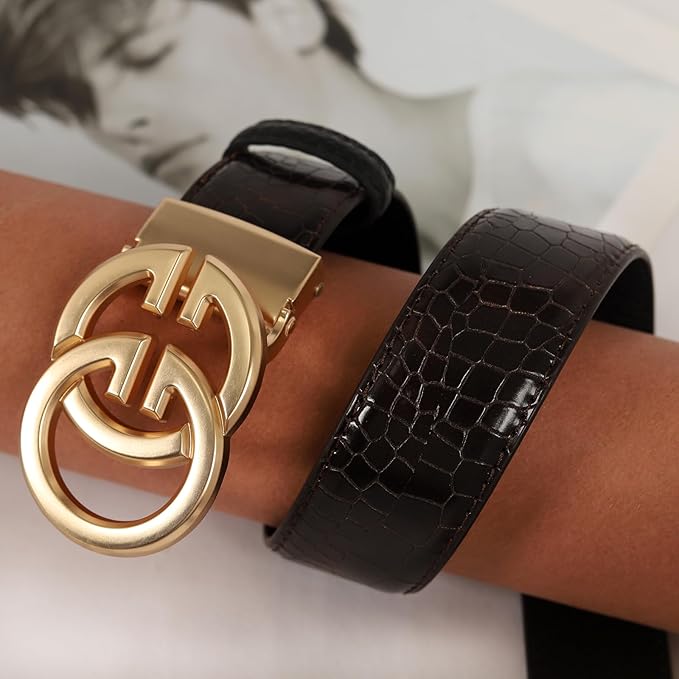 Aurolran Men&Womens Leather Dress Belt Business Automatic Buckle Belt Color-Black Silver Gold