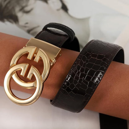 Aurolran Men&Womens Leather Dress Belt Business Automatic Buckle Belt Color-Black Silver Gold