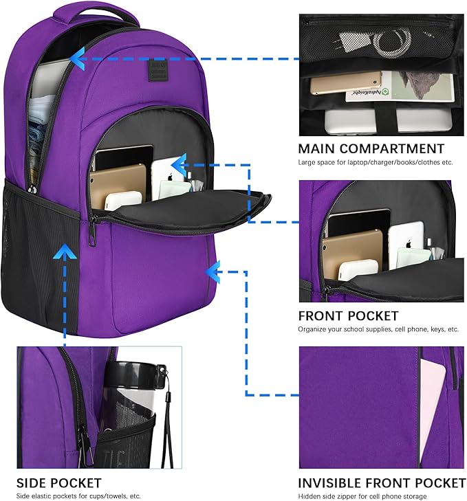 LARIPOP Carry On Backpack for Airplane, 17.3 Inch Laptop Backpack with USB Charging Port, Water Resistant Business Travel Backpack, Lightweight College School Bookbag Anti Theft for Men Women, Purple