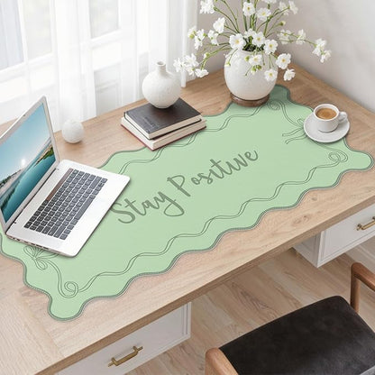 iCasso Green Scalloped Desk Cover Mat, Extra Large Mouse Pad, PU Leather Desk Pad Mat,Waterproof Writing Blotter for Desktop Protector, Non-Slip XXL Big Mousepad for Computer Office Dorm-Bow