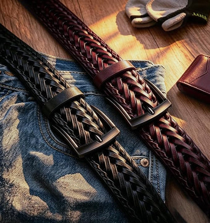 BULLIANT Men Belt 2Pack,Braided Woven Leather Belt For Men Golf Casual Jeans 1 3/8"
