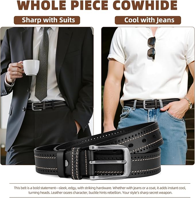 Luxury Full Grain Genuine Leather Belt Men Gift, 1.5" Wide Vintage Real Leather Western Cowboy Men's Belts