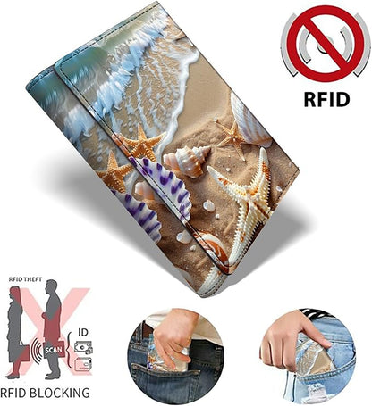 Beach Minimalist Wallet for Men Tarjeteros de hombres, Pop Up Card Case Wallet for Women, PU Leather Automatic Credit Card Holder Metal Money Clip Wallet RFID Blocking Bifold Pocket Wallet