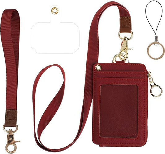 Mondo Designs 2-in-1 ID Badge Holder & Lanyard Wallet - Multi-Use Womens Small Wallet with Removable Wristlet & Neck Lanyard, Clear Window, 5 Card Slots, Phone Holder, Ring Keychain - Bordeaux Red