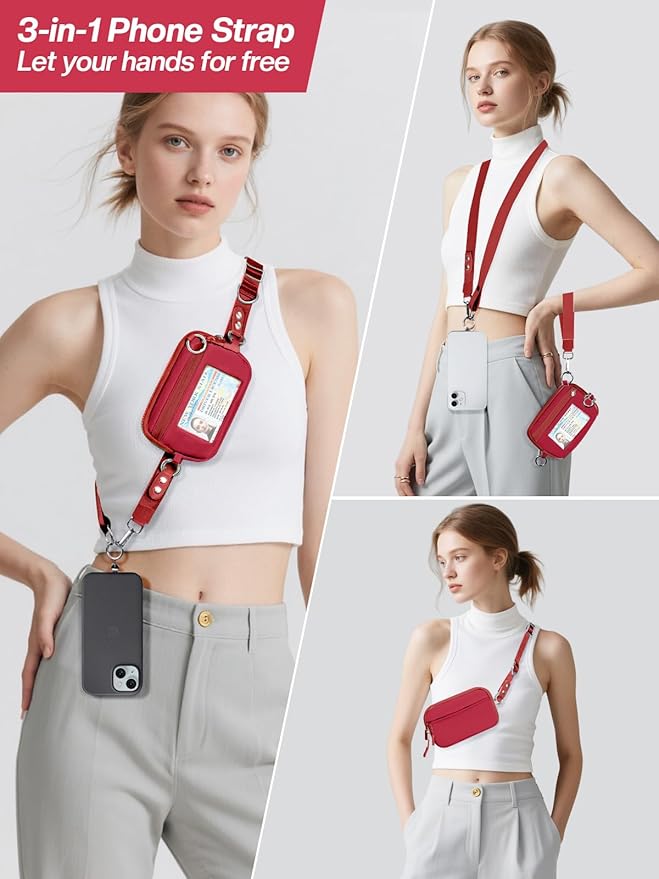 Tiostep Clip and Go Strap for Phone with Wallet Crossbody Phone Lanyard Adjustable and Detachable Wristlet Wallet with ID Window and Zipper, Red