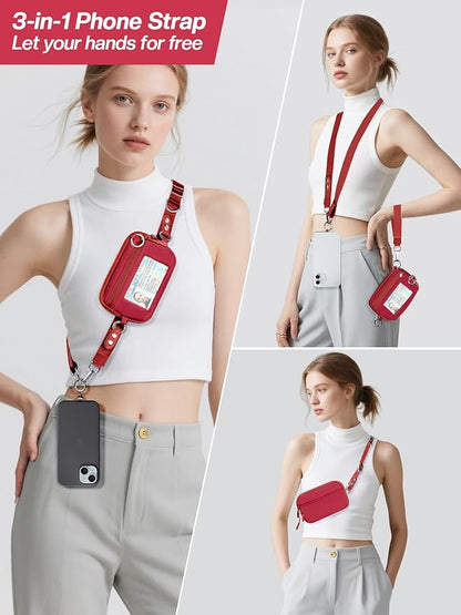 Tiostep Clip and Go Strap for Phone with Wallet Crossbody Phone Lanyard Adjustable and Detachable Wristlet Wallet with ID Window and Zipper, Red