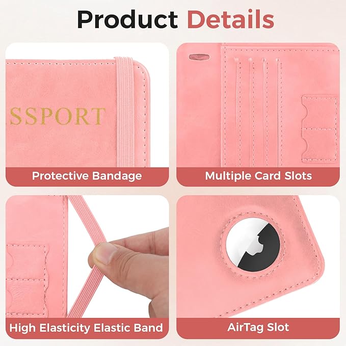 Passport Holder for Travel Women Men - Passport Cover Wallet with Airtag Slot - RFID Blocking PU Leather Passport Holder Case with Card Holder, Pen Slot - Pink