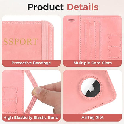Passport Holder for Travel Women Men - Passport Cover Wallet with Airtag Slot - RFID Blocking PU Leather Passport Holder Case with Card Holder, Pen Slot - Pink