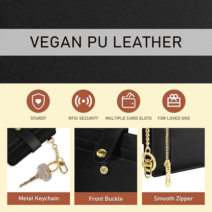 Jogjam Black Rfid Ladies Wallet, Small Slim Thin Compact Credit Card Women Wallet, PU Leather Bifold Cash Zipper Coin Pocket ID Window for Female