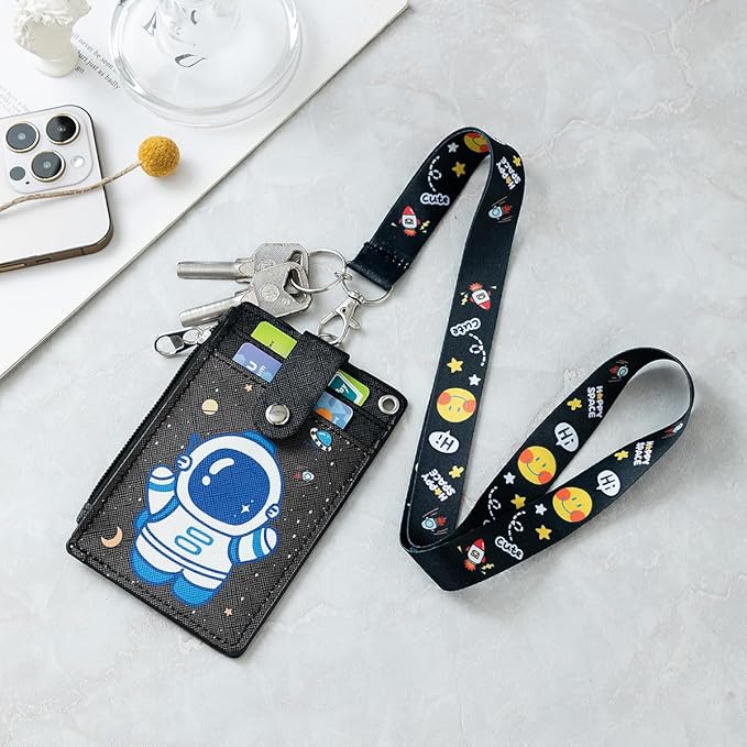 HASFINE ID Badge Holder with Lanyard,Cute Astronaut Work Badge with Zippered Pocket,Functional 2-Sided ID Card Wallet with 3 Slots and Detachable Keychain for Teacher Student Nurse and Office Staff