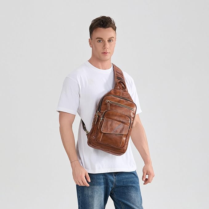 LANNSYNE Full Grain Leather Casual Sling Bag For Men Hiking/Travel/Business Crossbody Chest Bag Fits 12.9" iPad