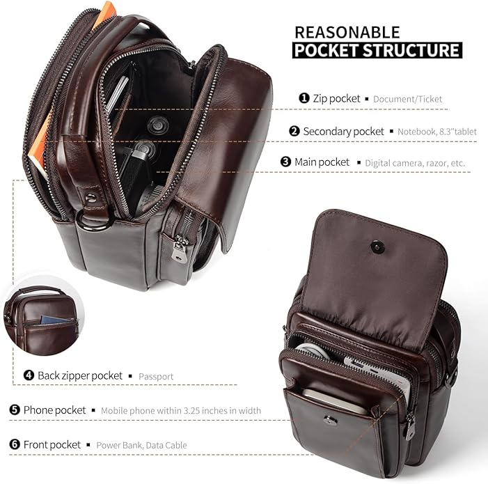 Augus Leather Small Messenger Bag For Men Crossbody Handbag Shoulder Sling Travel Bags for Men Purse Daypack Magnetic Buckle
