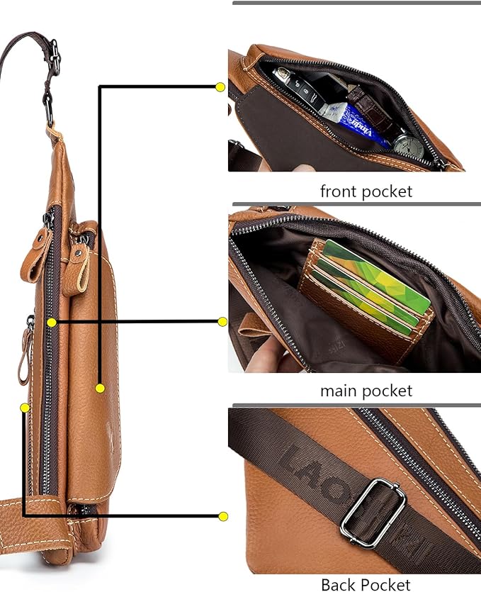 pundarika Genuine Leather sling bag for men women casual crossbody backpack small shoulder bag chest bag