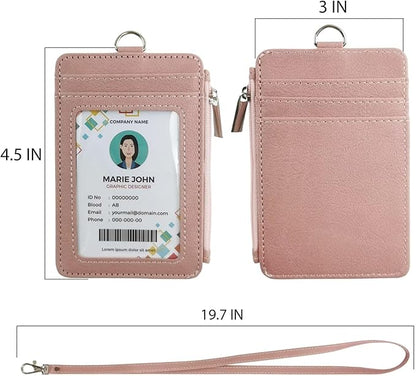 bolimoss Pink Lanyards for Id Badges, Vertical Pu Leather ID Badge Card Holder Wallet with 1 Clear ID Window, 4 Credit Card Slots, 1 Cash Coin Slot,Detachable Wristlet & Neck Lanyard, Ring Key Chain