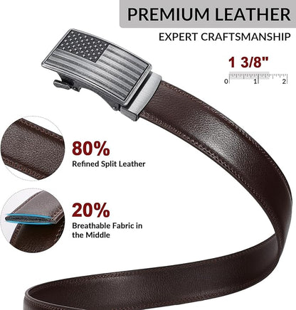 SANSTHS Mens Ratchet Belts Leather 1 3/8" for Men Dress and Casual, Adjustable Click Belts with American Flag Buckles