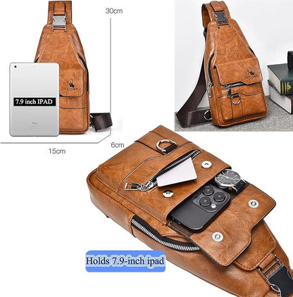 ANPTER Sling Bag for Men Crossbody Chest Bag,PU leather Over the Shoulder Purse Cross Body Sling Backpack for Travel