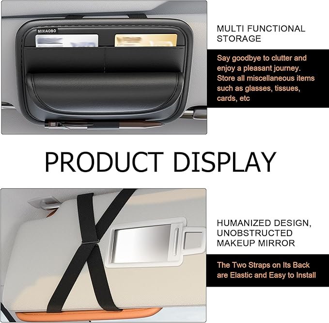 Shakas Car Sun Visor Organizer, Multifunctional Multi-Pocket Sunglasses Card Holder Pen Document Holder, Leather Anti-Scratch Protection Visor Storage Bag for Most Cars Trucks SUVs, Black