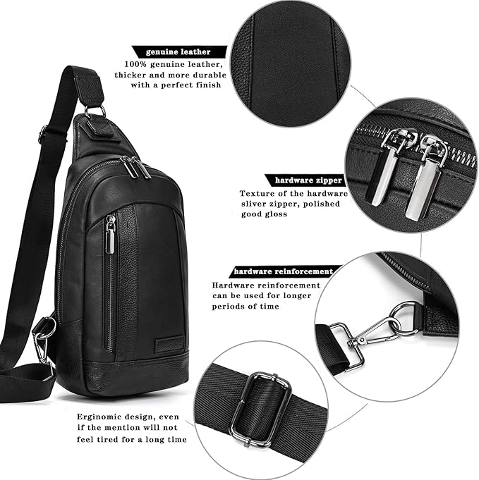 Genuine Leather Sling Bag Multi-pocket Chest Bag for Men Hiking Travel Daypack