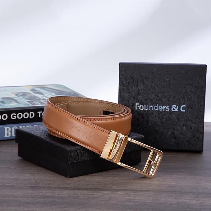 Founders & C Men's Leather Ratchet Comfort Click Belt Dress with Slide Buckle -Adjustable Trim to Fit