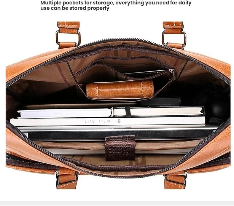 Men's Leather Laptop Bag 15 IN, Water-Resistant Briefcase Messenger Bag for Work, Business, Shoulder Crossbody Office Satchel