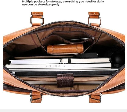 Men's Leather Laptop Bag 15 IN, Water-Resistant Briefcase Messenger Bag for Work, Business, Shoulder Crossbody Office Satchel