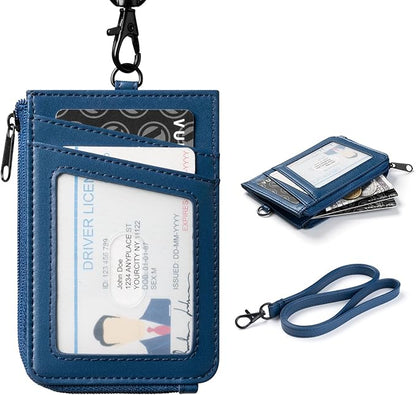 VULKIT Leather Work ID Badge Holder for Lanyard with Zipper Pocket, Work Badge Lanyard for Women and Men, Suitable for Offices Staff, Teacher, Can Hold Coins, Key, Cash, Credit Card, Navy Blue