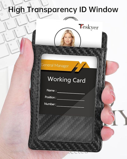 Teskyer Badge Holder with Lanyard, Leather ID Name Badge Card Holder with Lanyard for ID Badges, Vertical, Carbon Fiber Black