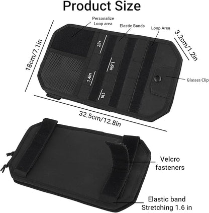 Car Sun Visor Organizer, Adjustable Straps Tactical Visor Organizers with 1000D Polyester Zipper Visor Storage Pouch & Sunglasses Holder Clip, Fits Most Vehicles, SUVs, Pockets, Trucks (Black)