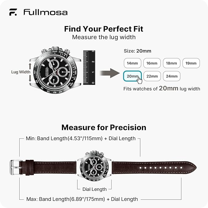 Fullmosa Watch Band, Quick Release Leather Watch Strap for Men Women, Replacement Bands Width 12mm 14mm 16mm 18mm 19mm 20mm 21mm 22mm 24mm