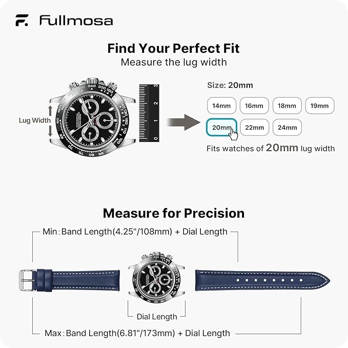 Fullmosa Watch Straps 20mm, Axus Series Leather Strap Replacement Watch Strap with Stainless Steel Metal Clasp for Men Women 14/16/18/20/22/24mm, Dark Blue 20mm