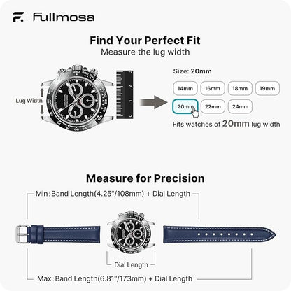 Fullmosa Watch Straps 20mm, Axus Series Leather Strap Replacement Watch Strap with Stainless Steel Metal Clasp for Men Women 14/16/18/20/22/24mm, Dark Blue 20mm