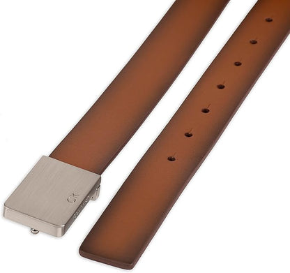 Calvin Klein Men's Plaque Buckle Belt - Casual Modern Style With Logo Detail for Jeans and Dress Pants