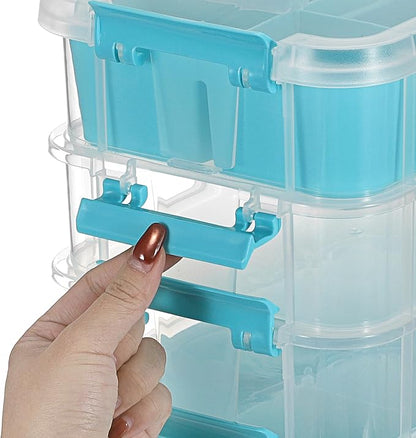 JUXYES 4-Tiers Stack Carry Storage Box With 2 Divided Tray, Transparent Stackable Storage Bin With Handle Lid Latching Storage Container for School & Office Supplies, Blue