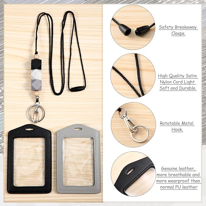 Lanyards with 2 ID Badge Holders Silicone Beaded Lanyard Breakaway Leather ID Holder for Teacher Women Employee(Classic Style)