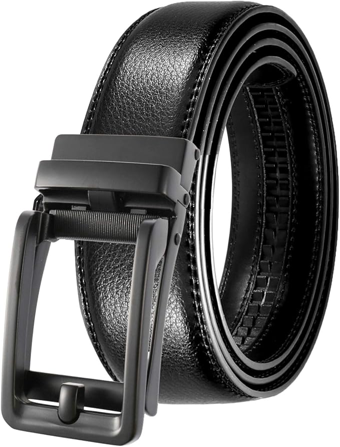 JINIU Men's Ratchet Belt Buckle, Black Genuine Leather Slide Belt for Men Dress Suit, Micro Adjustable Trim to Fit Boxed