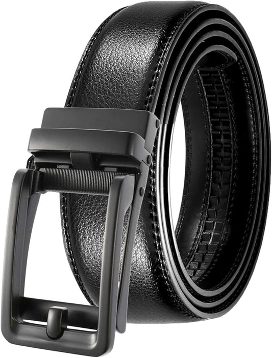 JINIU Men's Ratchet Belt Buckle, Black Genuine Leather Slide Belt for Men Dress Suit, Micro Adjustable Trim to Fit Boxed