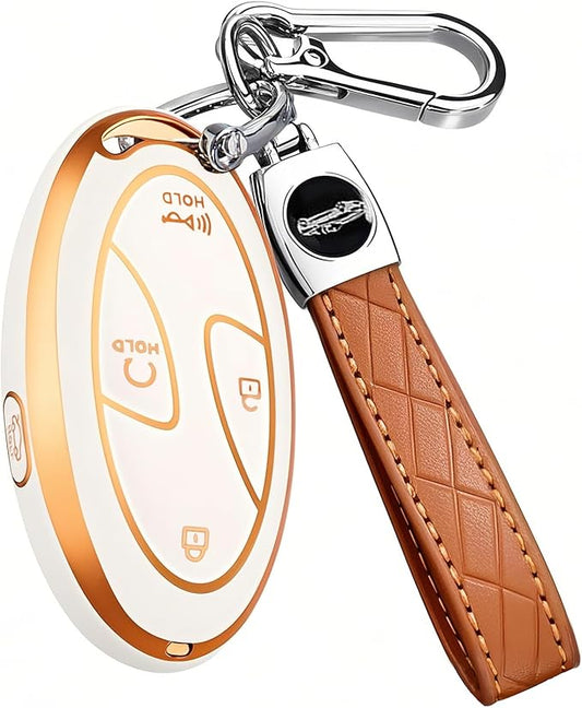 5 Buttons Compatible with Hyundai Key Fob Cover Accessories, Fits for Elanrtra Sonata Ioniq Santa Fe Santa Cruz KONA Tucson, Soft TPU Key Case with Leather Keychain (Ivory)