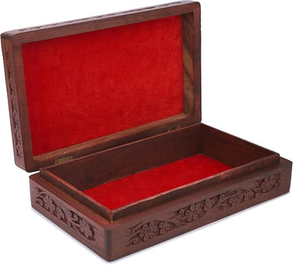 Ajuny Wooden Handcarved Decorative Jewelry Storage Box Flower Design Multipurpose Treasure Chest Keepsake Organizer Necklaces Watch Boxes Great for Gifts 8x5 Inch